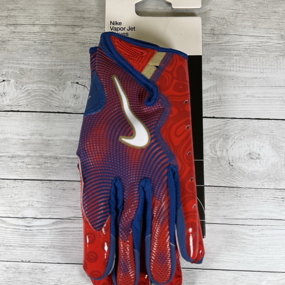 Nike Vapor Jet 8.0 Energy Football Gloves‎ Adult Size L Blue/Red/Gold NWT